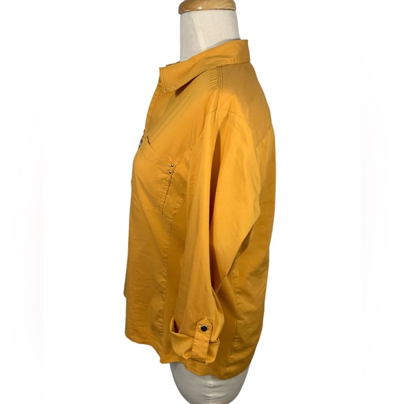 Zac & Rachel 3/4 Sleeve Blouse Zipper Front Collar EUC Gold Two Pockets Size LP - Picture 4 of 16